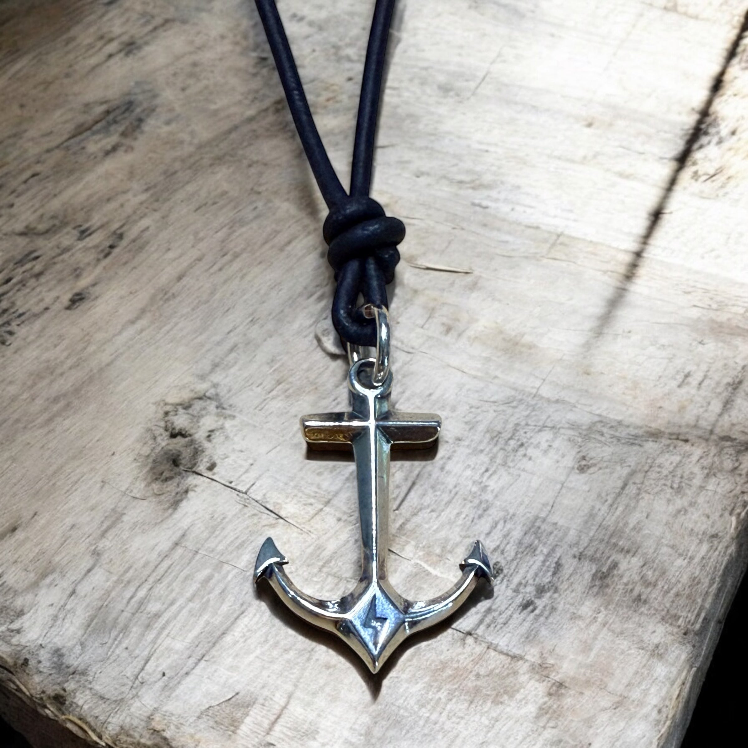 STRENGTH Hold Fast Anchor Necklace - Solid Sterling Silver on Leather Cord