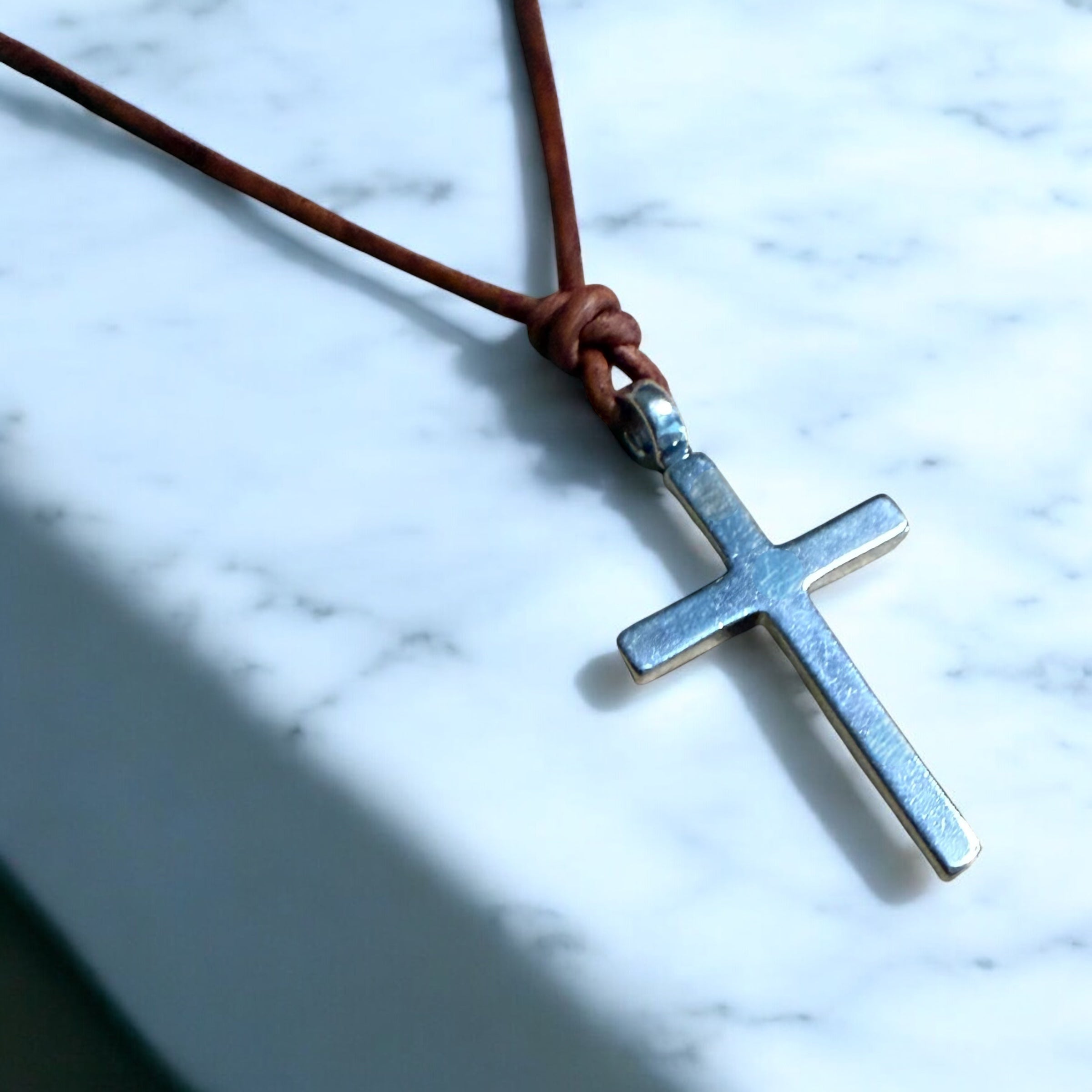 Classic Cross Necklace - Sterling Silver on Leather Cord