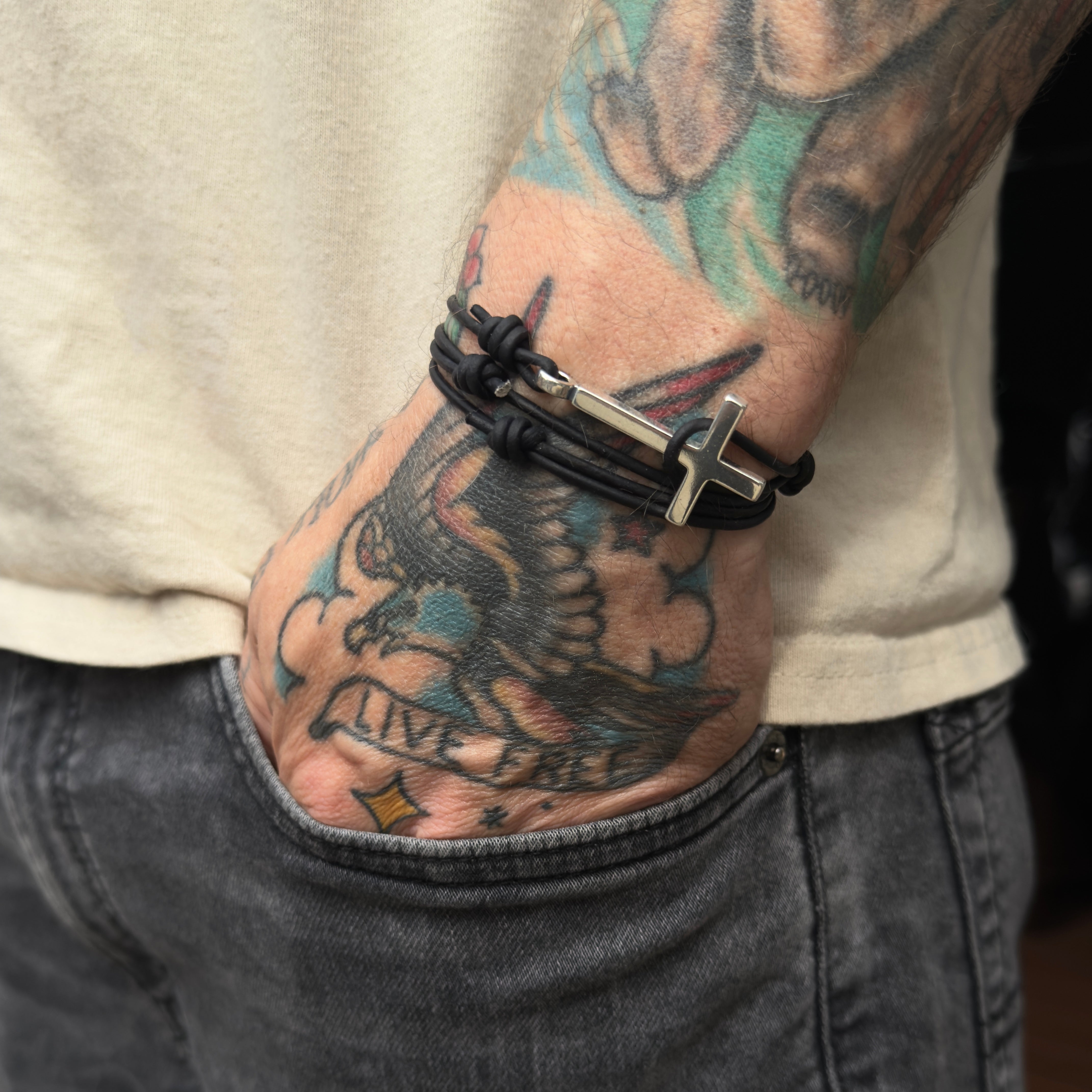 FAITH Classic Cross Bracelet - Sterling Silver on Leather Cord