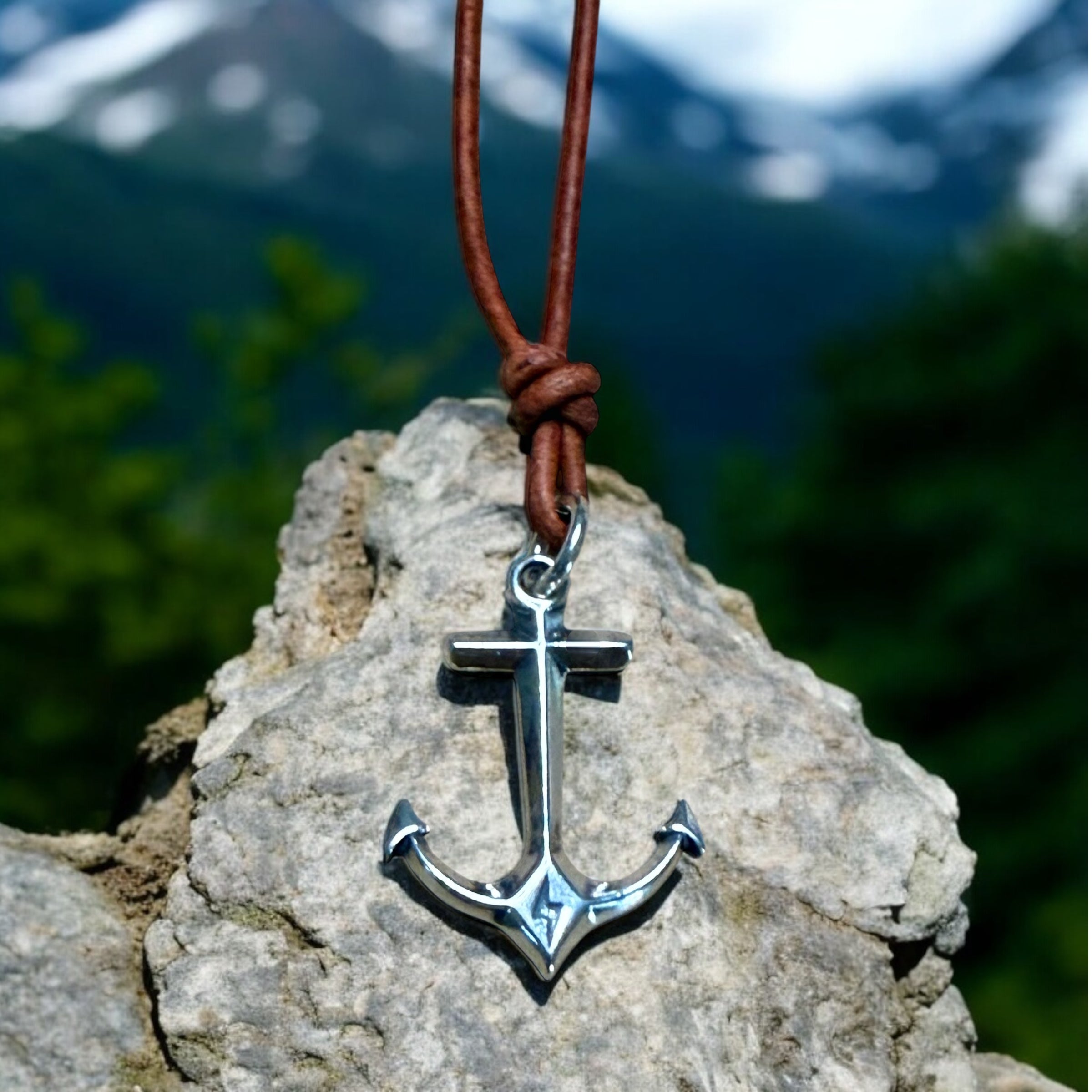 STRENGTH Hold Fast Anchor Necklace - Solid Sterling Silver on Leather Cord