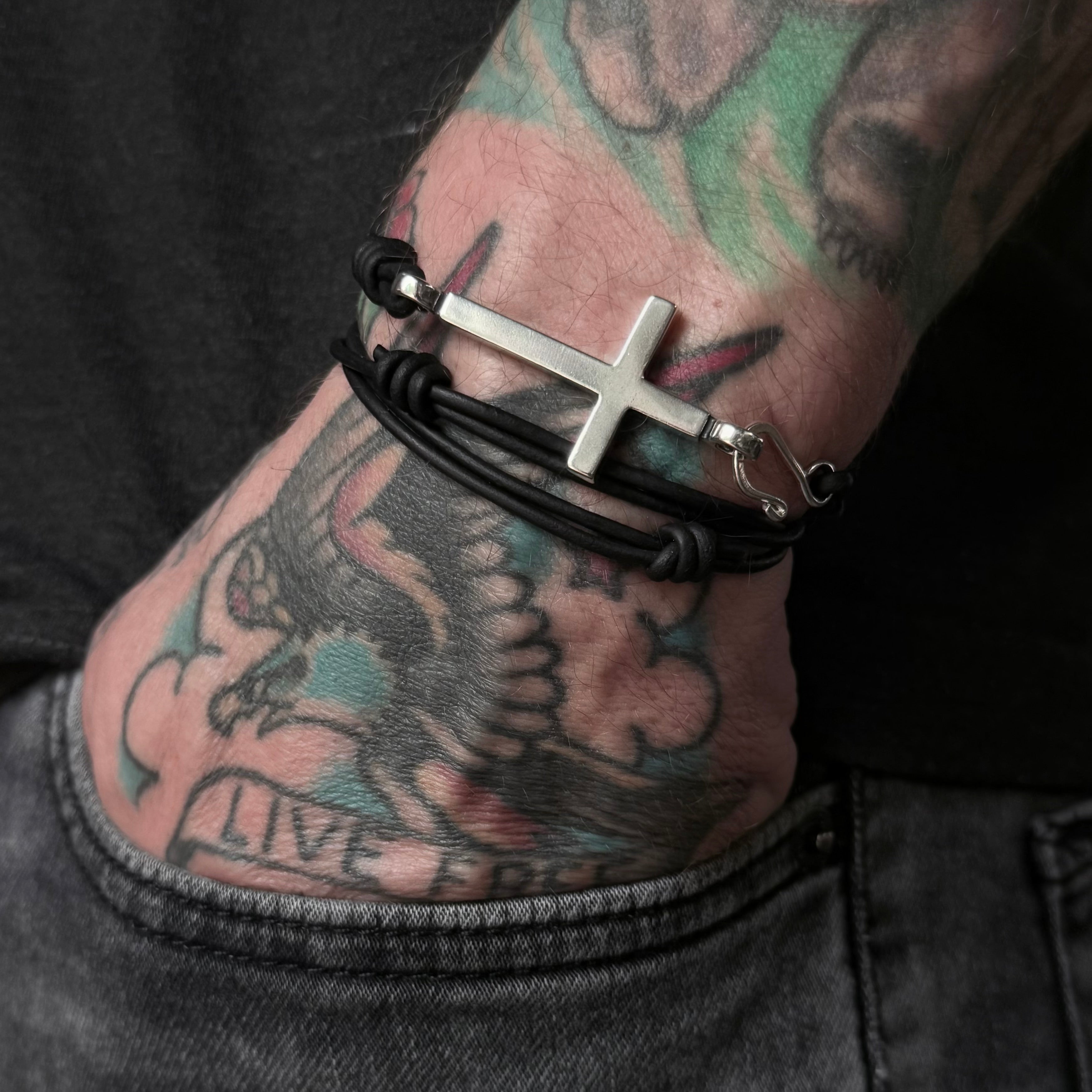 FAITH Classic Cross Bracelet - Sterling Silver on Leather Cord