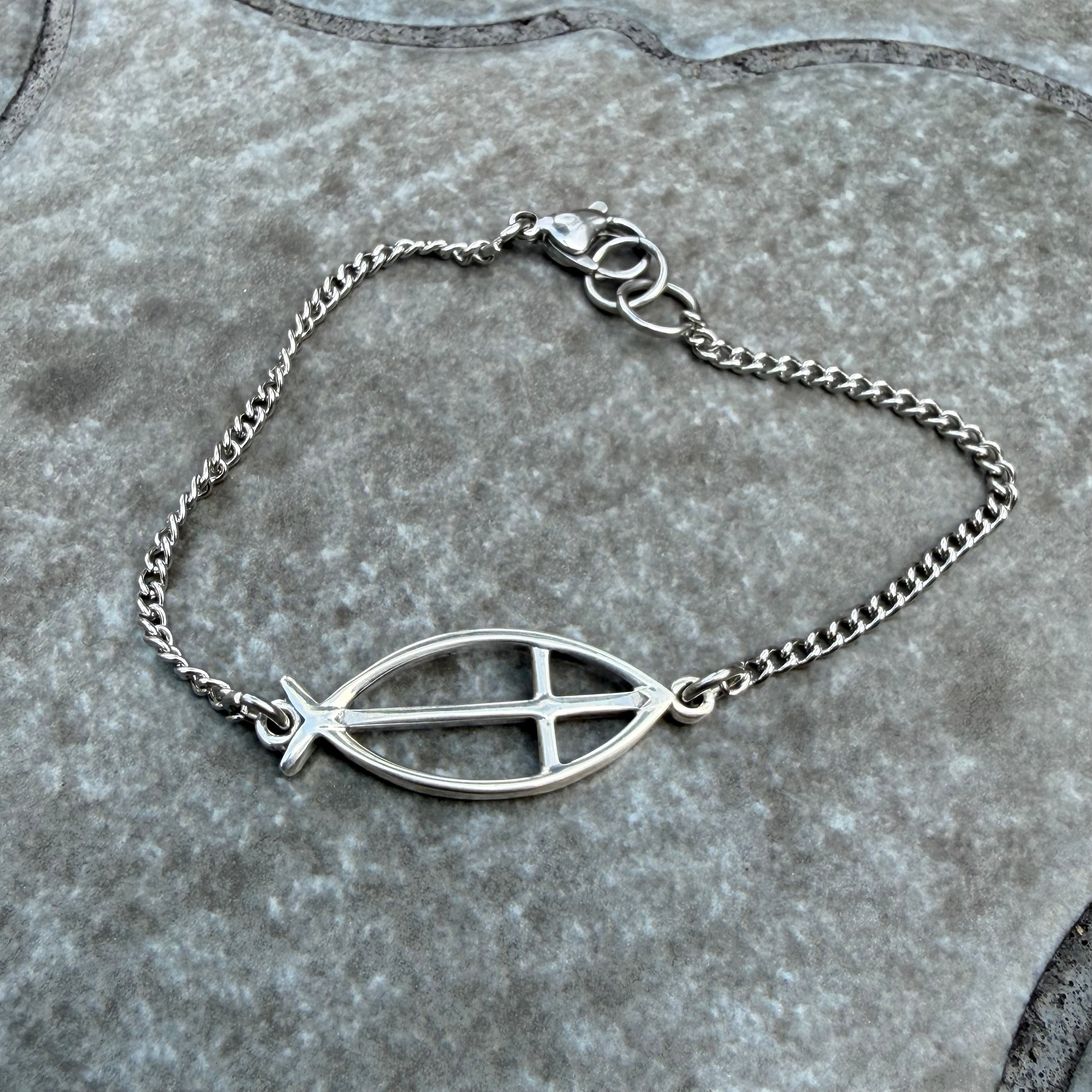 FAITH ICHTHUS Jesus Fish Bracelet - Sterling Silver on Stainless Steel Curb Chain