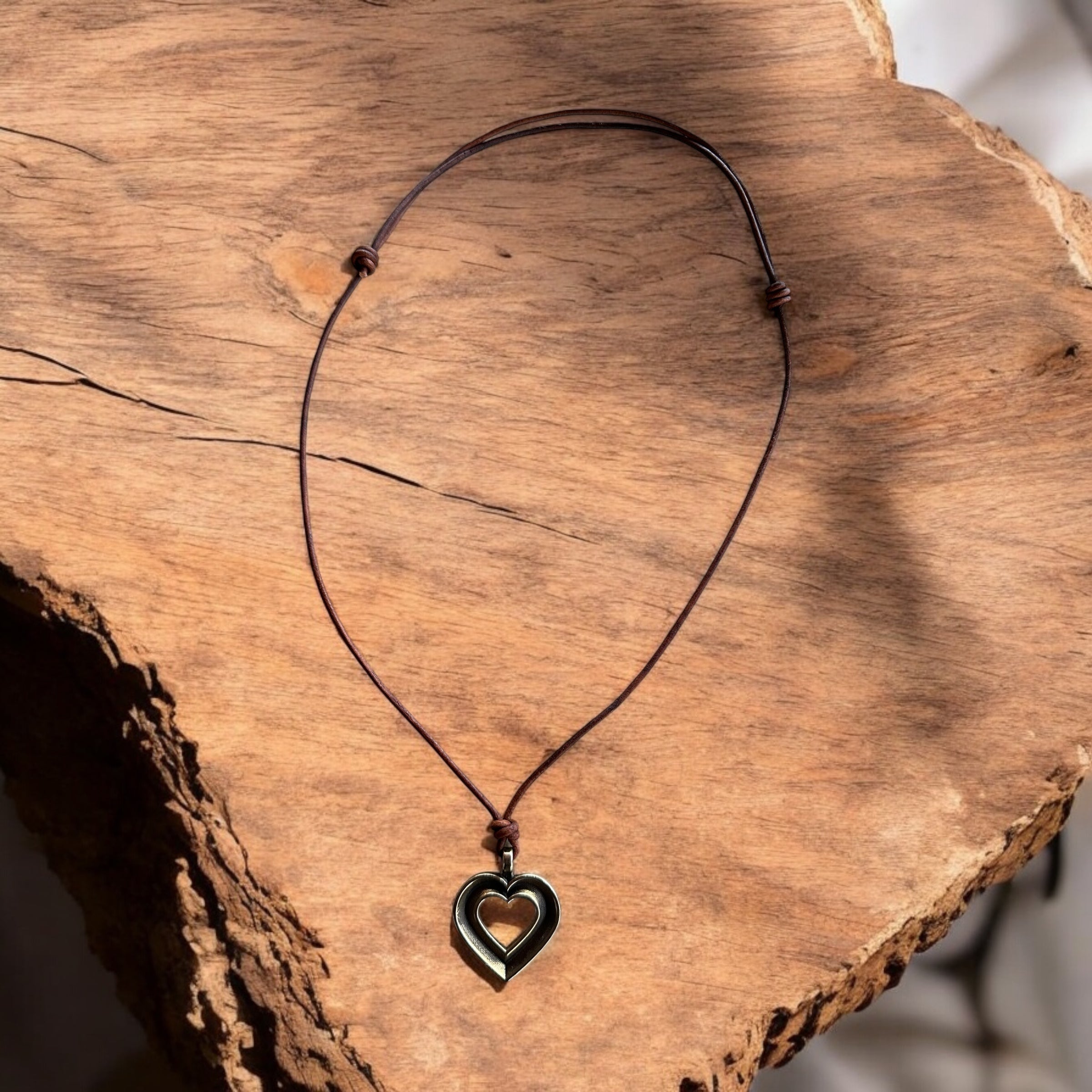 LOVE Heartbeat Necklace - Solid Bronze on Leather Cord