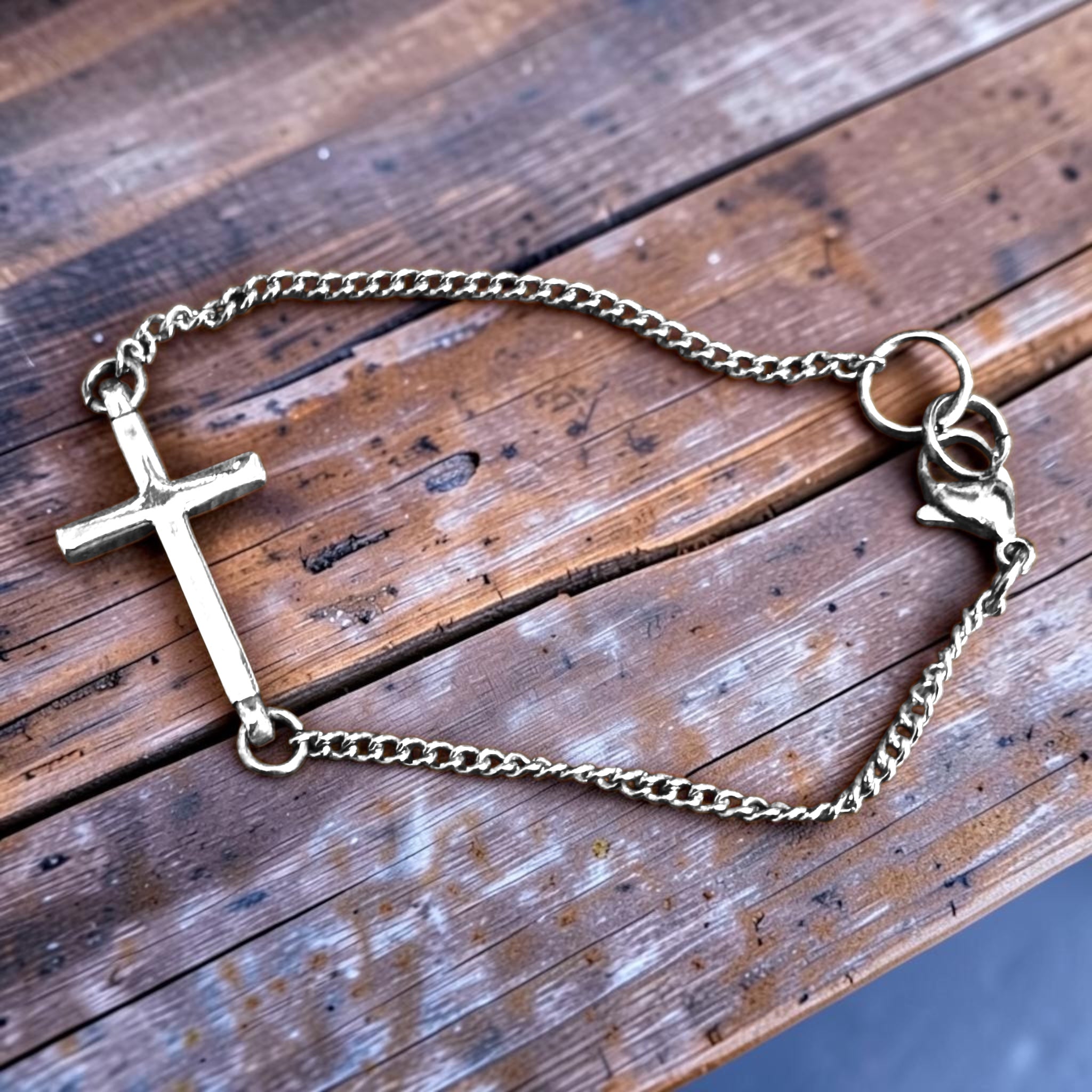 FAITH Cross of Comfort Minimalist Bracelet - Sterling Silver on Stainless Steel Curb Chain