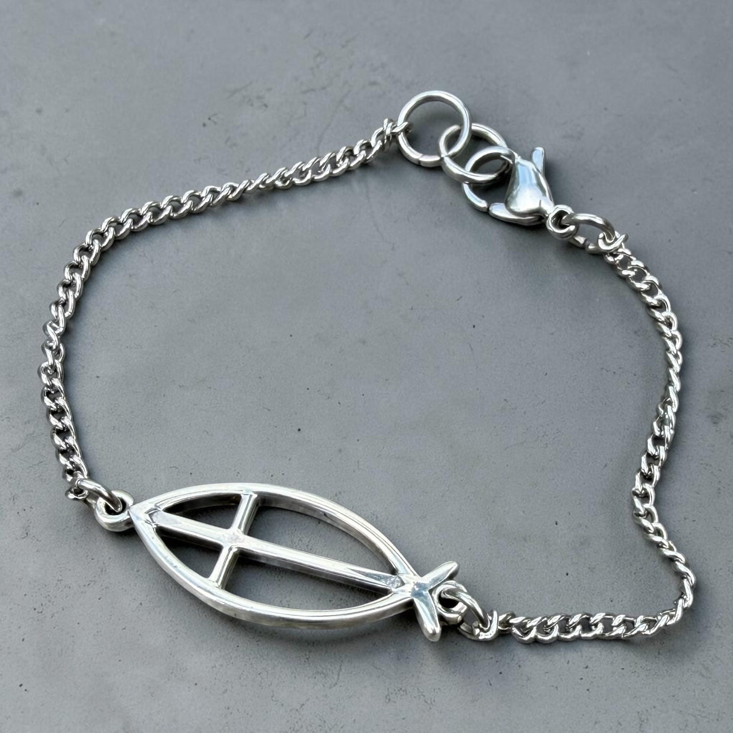 FAITH ICHTHUS Jesus Fish Bracelet - Sterling Silver on Stainless Steel Curb Chain